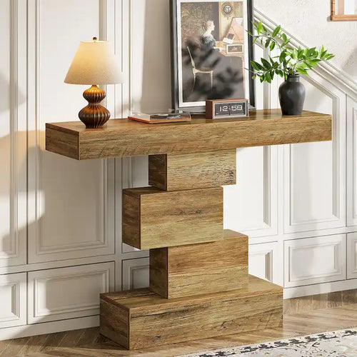 Console rustique de 108 cm pour canapé, table d'appoint, base géométrique, mélaminé étanche, panneaux de particules E1, 45 kg, entrée/couloir, marron rustique