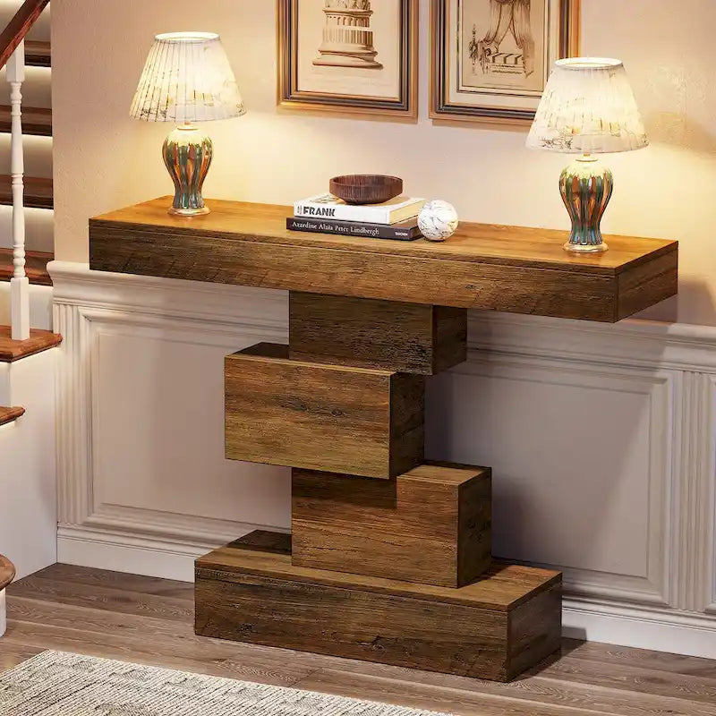 Console rustique de 108 cm pour canapé, table d'appoint, base géométrique, mélaminé étanche, panneaux de particules E1, 45 kg, entrée/couloir, marron rustique