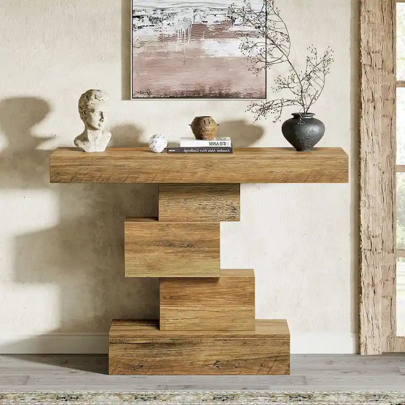 Console rustique de 108 cm pour canapé, table d'appoint, base géométrique, mélaminé étanche, panneaux de particules E1, 45 kg, entrée/couloir, marron rustique