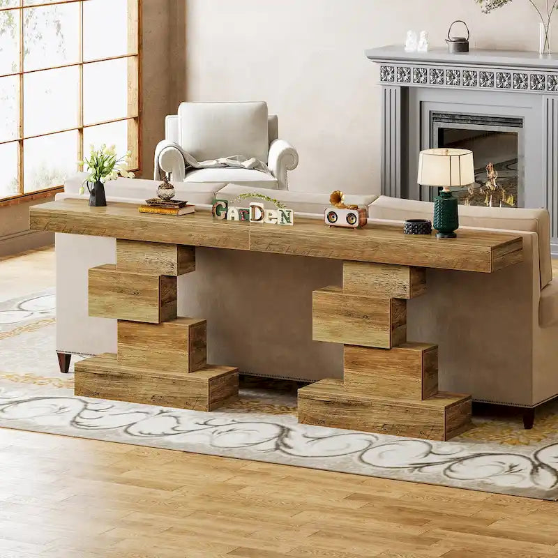 Console rustique de 108 cm pour canapé, table d'appoint, base géométrique, mélaminé étanche, panneaux de particules E1, 45 kg, entrée/couloir, marron rustique