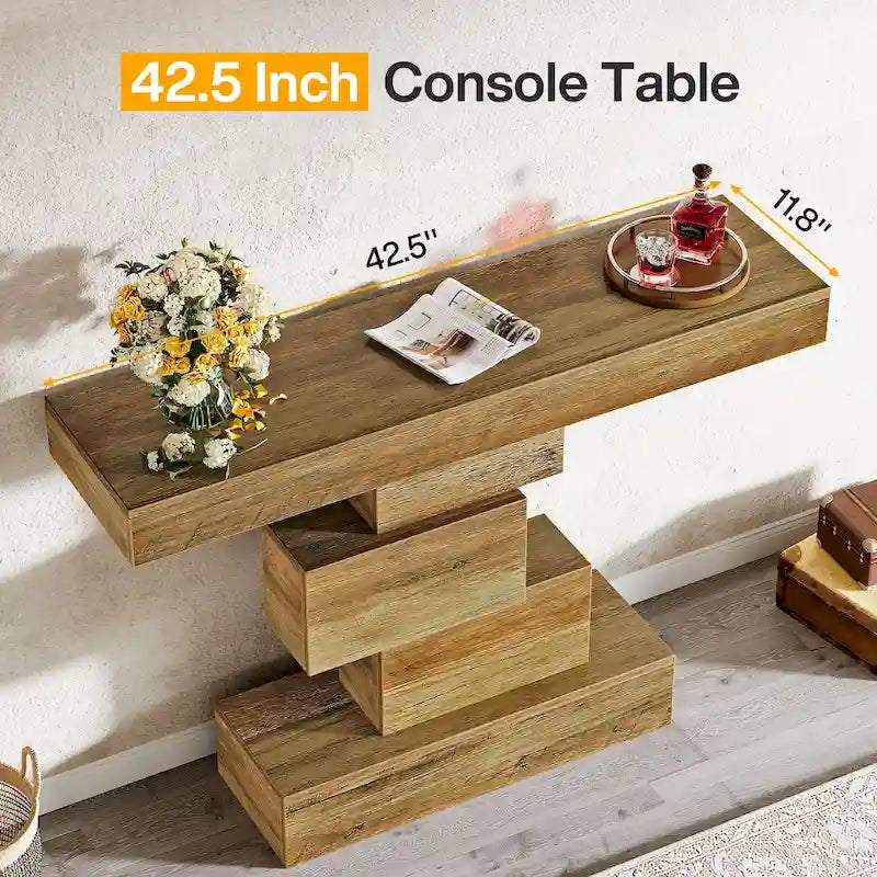 Console rustique de 108 cm pour canapé, table d'appoint, base géométrique, mélaminé étanche, panneaux de particules E1, 45 kg, entrée/couloir, marron rustique