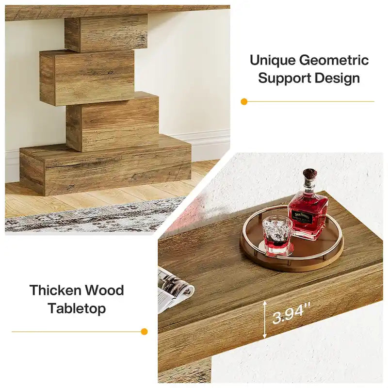 Console rustique de 108 cm pour canapé, table d'appoint, base géométrique, mélaminé étanche, panneaux de particules E1, 45 kg, entrée/couloir, marron rustique