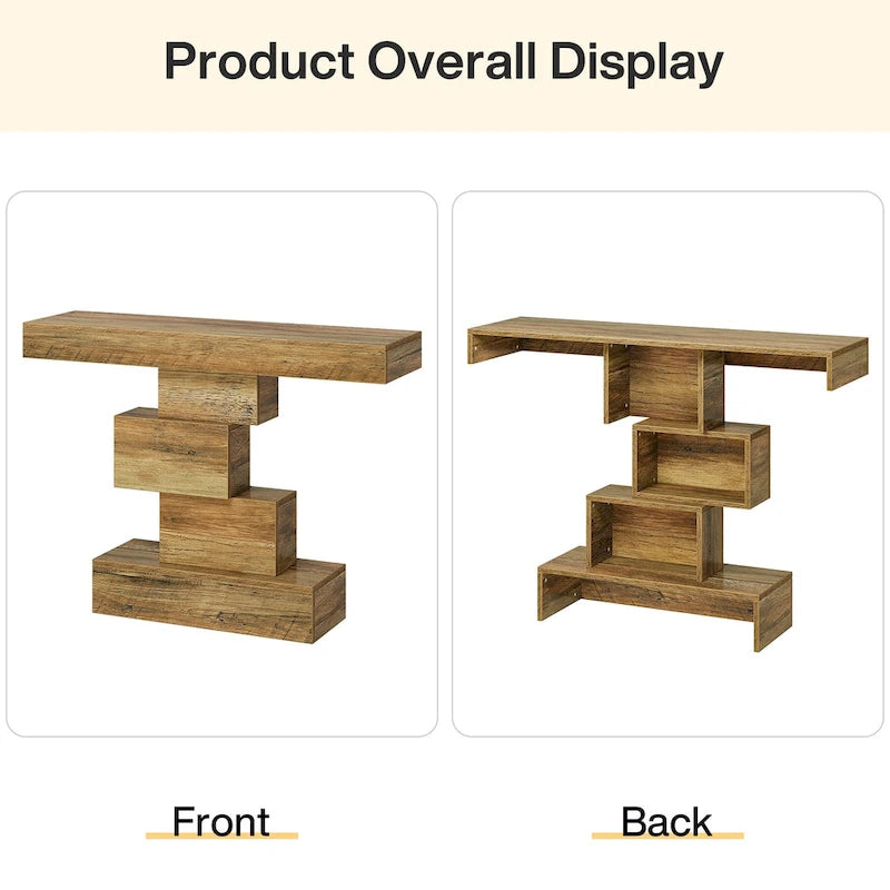 Console rustique de 108 cm pour canapé, table d'appoint, base géométrique, mélaminé étanche, panneaux de particules E1, 45 kg, entrée/couloir, marron rustique