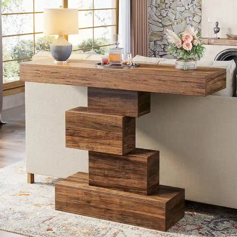 Console rustique de 108 cm pour canapé, table d'appoint, base géométrique, mélaminé étanche, panneaux de particules E1, 45 kg, entrée/couloir, marron rustique