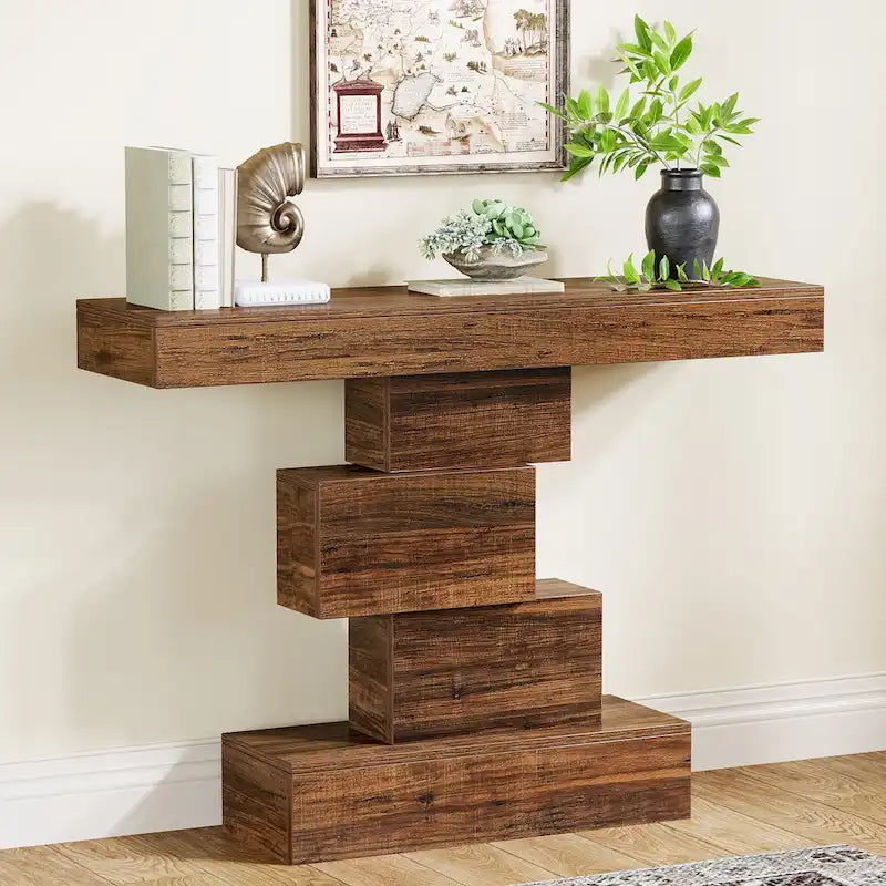 Console rustique de 108 cm pour canapé, table d'appoint, base géométrique, mélaminé étanche, panneaux de particules E1, 45 kg, entrée/couloir, marron rustique