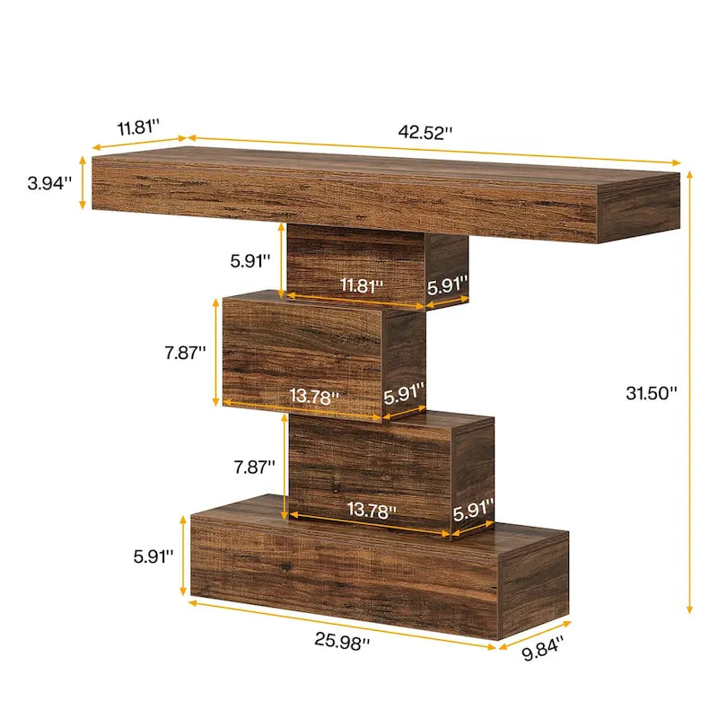 Console rustique de 108 cm pour canapé, table d'appoint, base géométrique, mélaminé étanche, panneaux de particules E1, 45 kg, entrée/couloir, marron rustique