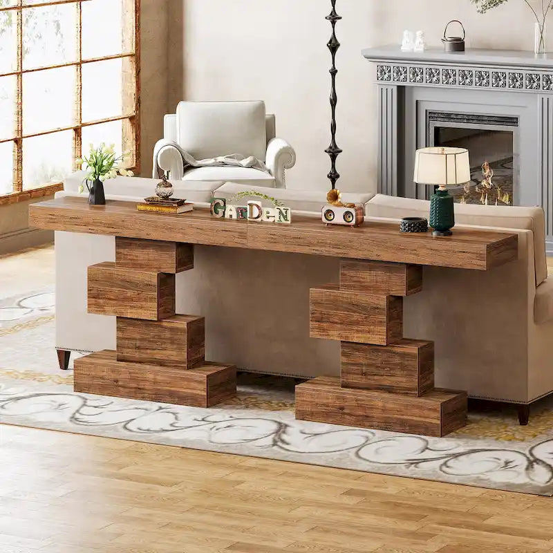 Console rustique de 108 cm pour canapé, table d'appoint, base géométrique, mélaminé étanche, panneaux de particules E1, 45 kg, entrée/couloir, marron rustique