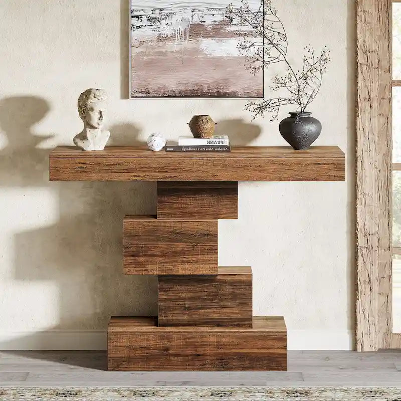 Console rustique de 108 cm pour canapé, table d'appoint, base géométrique, mélaminé étanche, panneaux de particules E1, 45 kg, entrée/couloir, marron rustique