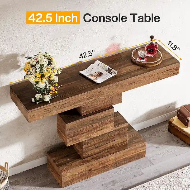 Console rustique de 108 cm pour canapé, table d'appoint, base géométrique, mélaminé étanche, panneaux de particules E1, 45 kg, entrée/couloir, marron rustique