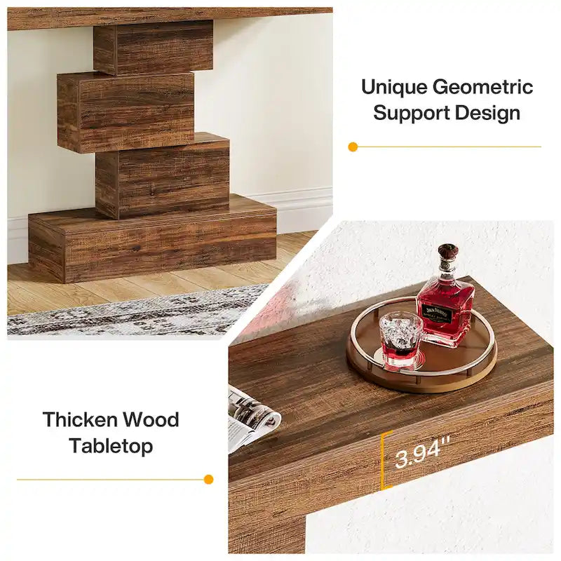 Console rustique de 108 cm pour canapé, table d'appoint, base géométrique, mélaminé étanche, panneaux de particules E1, 45 kg, entrée/couloir, marron rustique
