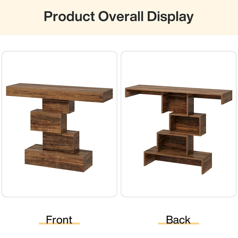 Console rustique de 108 cm pour canapé, table d'appoint, base géométrique, mélaminé étanche, panneaux de particules E1, 45 kg, entrée/couloir, marron rustique