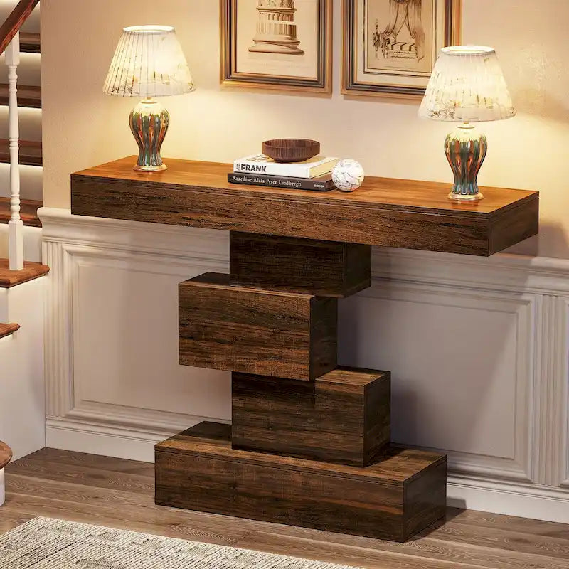 Console rustique de 108 cm pour canapé, table d'appoint, base géométrique, mélaminé étanche, panneaux de particules E1, 45 kg, entrée/couloir, marron rustique