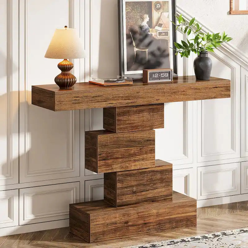 Console rustique de 108 cm pour canapé, table d'appoint, base géométrique, mélaminé étanche, panneaux de particules E1, 45 kg, entrée/couloir, marron rustique
