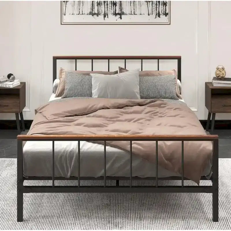 Cadre de lit plateforme en métal avec tête et pied de lit, pas besoin de sommier tapissier, capacité de 300 kg, style moderne, noir, Full/Queen