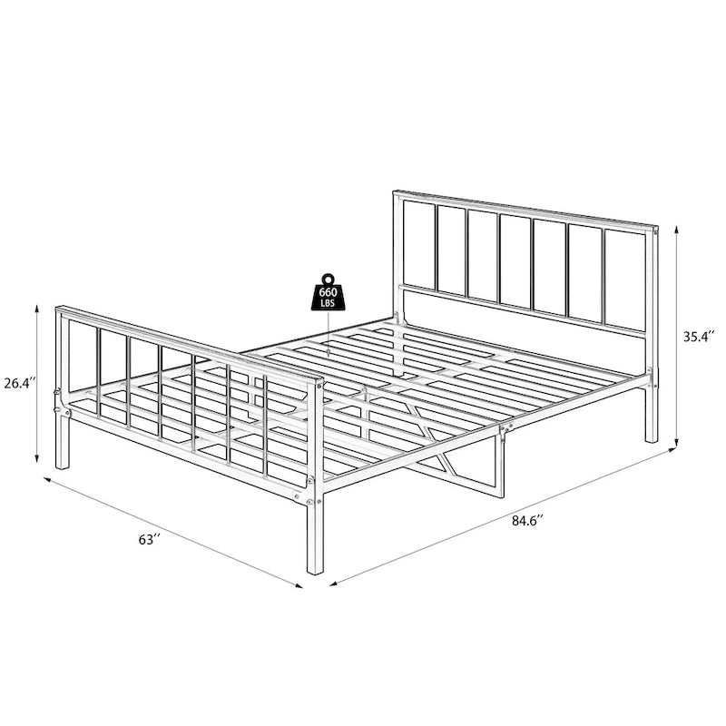 Cadre de lit plateforme en métal avec tête et pied de lit, pas besoin de sommier tapissier, capacité de 300 kg, style moderne, noir, Full/Queen