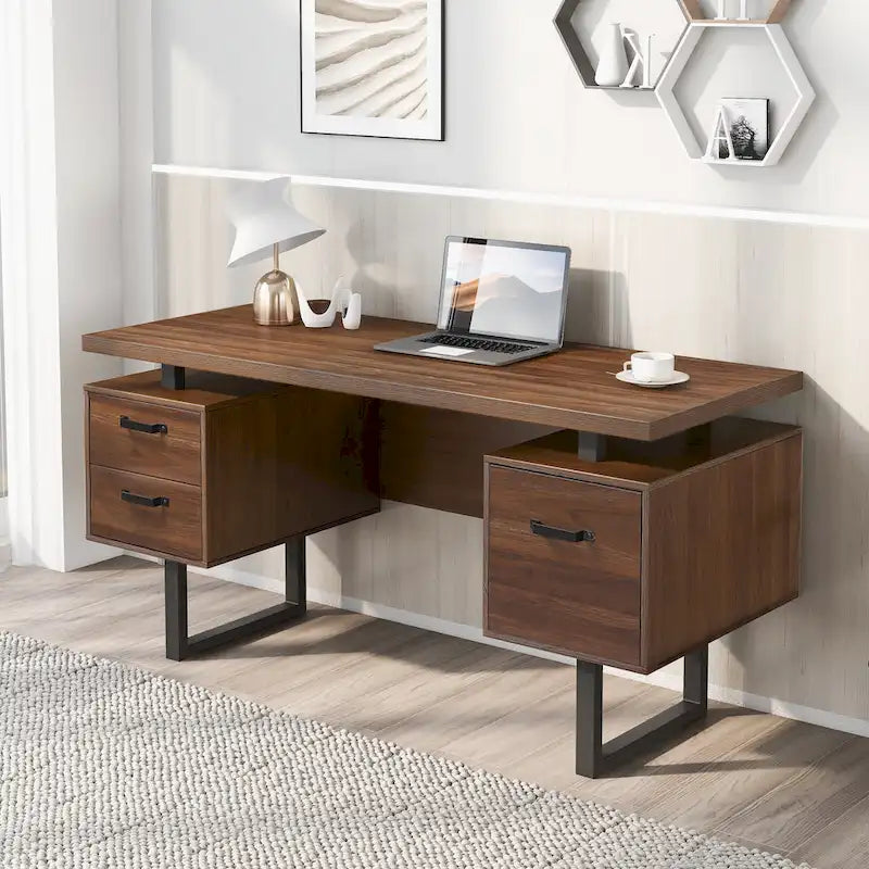 Bureau de télétravail 150 cm, 3 tiroirs (1 pour dossiers suspendus + 2 de rangement), pieds métalliques en U, MDF, finition Noyer