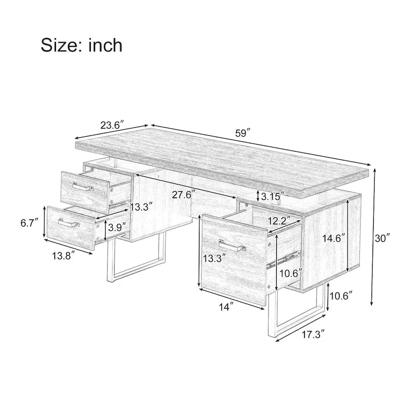 Bureau de télétravail 150 cm, 3 tiroirs (1 pour dossiers suspendus + 2 de rangement), pieds métalliques en U, MDF, finition Noyer