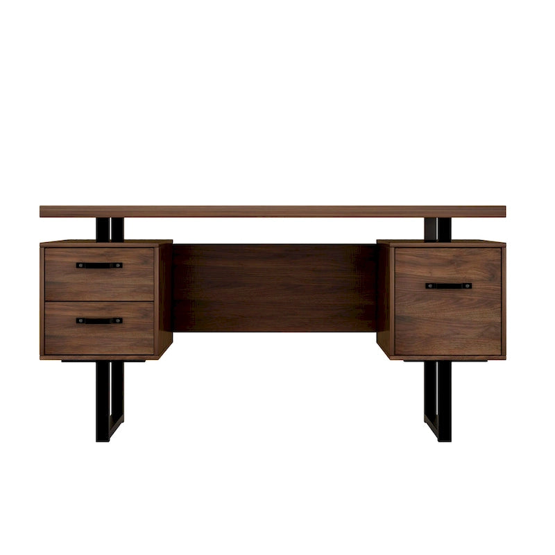 Bureau de télétravail 150 cm, 3 tiroirs (1 pour dossiers suspendus + 2 de rangement), pieds métalliques en U, MDF, finition Noyer