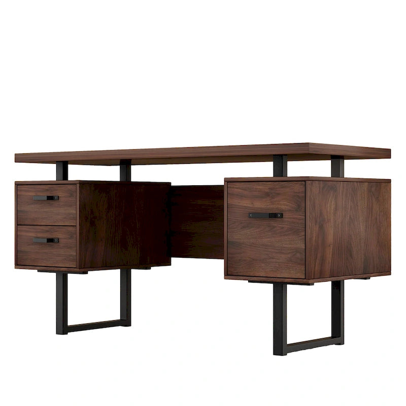Bureau de télétravail 150 cm, 3 tiroirs (1 pour dossiers suspendus + 2 de rangement), pieds métalliques en U, MDF, finition Noyer