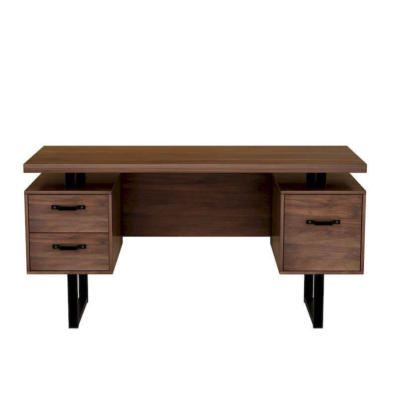 Bureau de télétravail 150 cm, 3 tiroirs (1 pour dossiers suspendus + 2 de rangement), pieds métalliques en U, MDF, finition Noyer