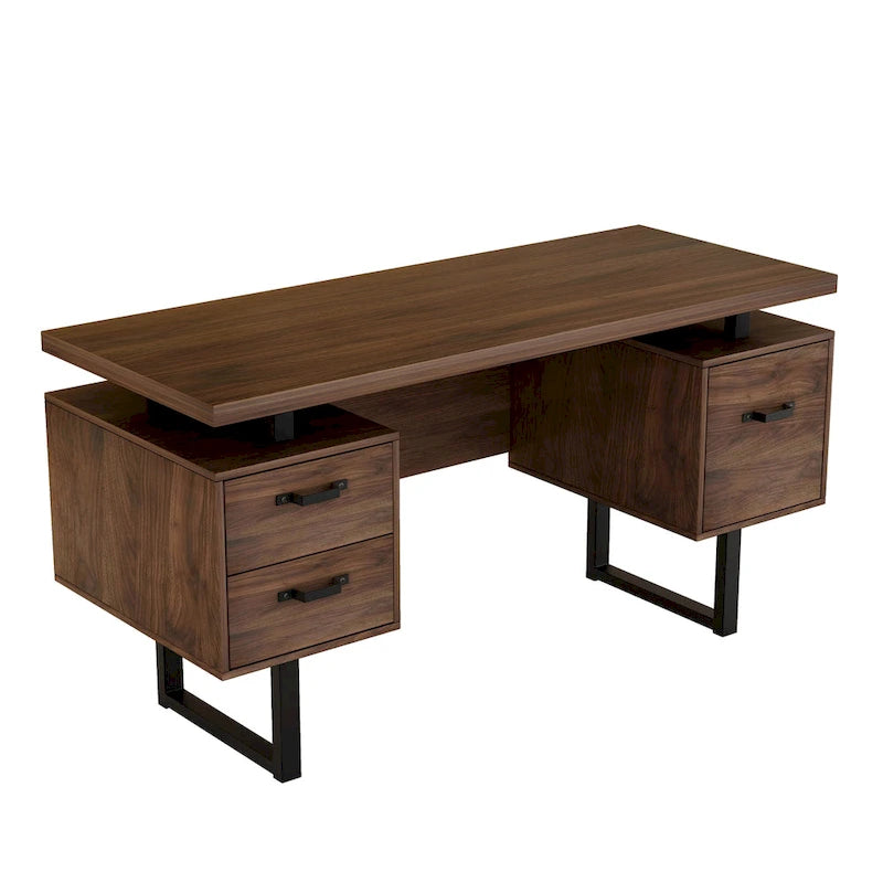 Bureau de télétravail 150 cm, 3 tiroirs (1 pour dossiers suspendus + 2 de rangement), pieds métalliques en U, MDF, finition Noyer