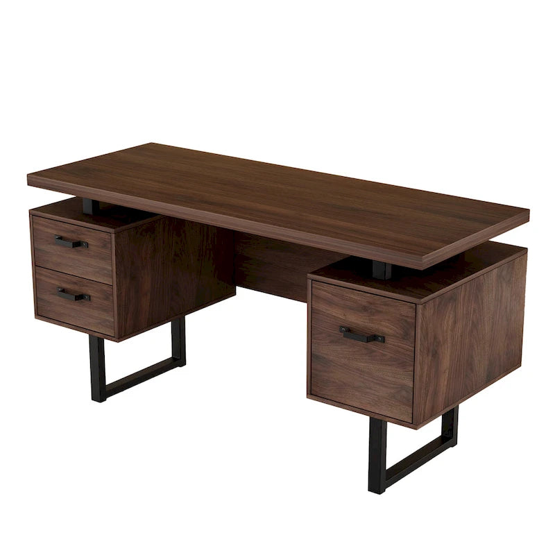 Bureau de télétravail 150 cm, 3 tiroirs (1 pour dossiers suspendus + 2 de rangement), pieds métalliques en U, MDF, finition Noyer