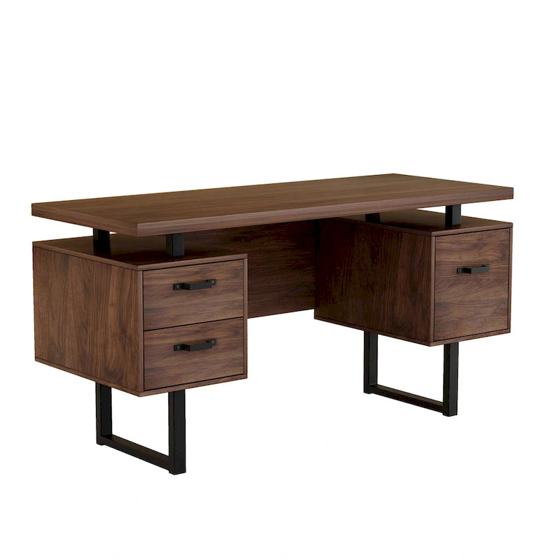 Bureau de télétravail 150 cm, 3 tiroirs (1 pour dossiers suspendus + 2 de rangement), pieds métalliques en U, MDF, finition Noyer