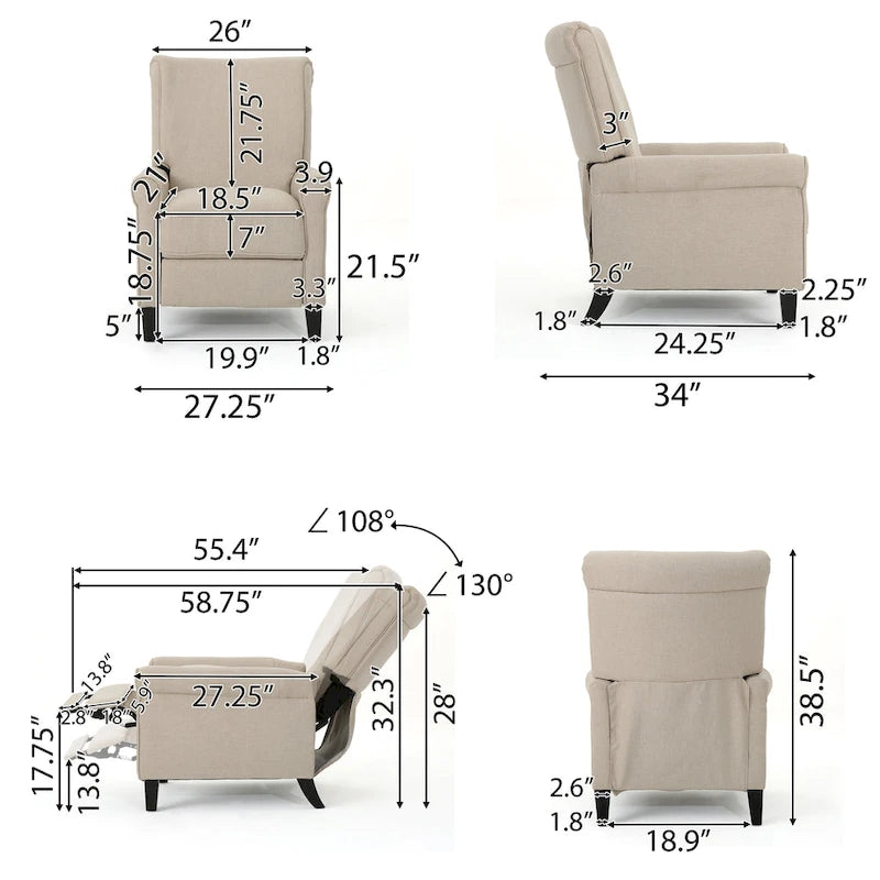 Fauteuil inclinable traditionnel en tissu 100% polyester Pieds en bois de bouleau Design peu encombrant 69,9 cm L Gris anthracite Bleu marine Blé