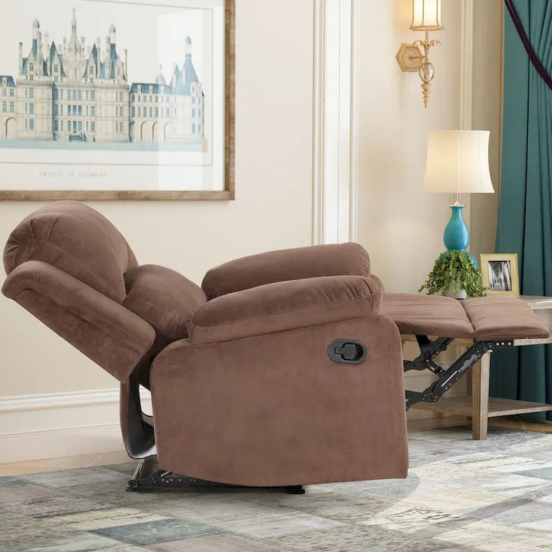 Fauteuil inclinable manuel de 89 cm de large, tissu respirant et doux pour la peau, assise rembourrée moelleuse, style contemporain, marron