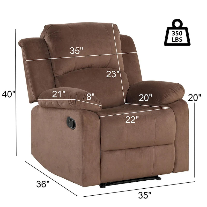 Fauteuil inclinable manuel de 89 cm de large, tissu respirant et doux pour la peau, assise rembourrée moelleuse, style contemporain, marron