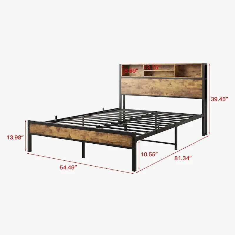 Full Size Platform Bed Frame with Bookcase Headboard, 4 Shelves, Charging Station (2 USB+2 Outlet), Industrial Rustic Style