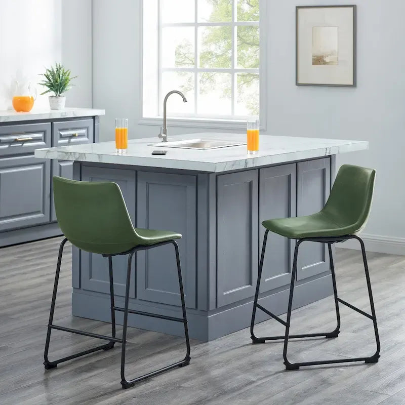 Set of 2 Counter Stools 26" Faux Leather Bucket Seat Powder-Coated Steel Sled Legs Footrest 300 lbs Navy Blue Grey Green Black Brown