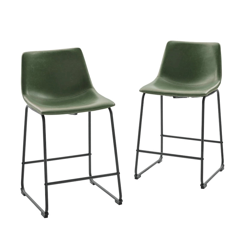 Lot de 2 tabourets de comptoir 66 cm, assise baquet en similicuir, pieds luge en acier thermolaqué, repose-pieds, 136 kg, bleu marine, gris, vert, noir, marron