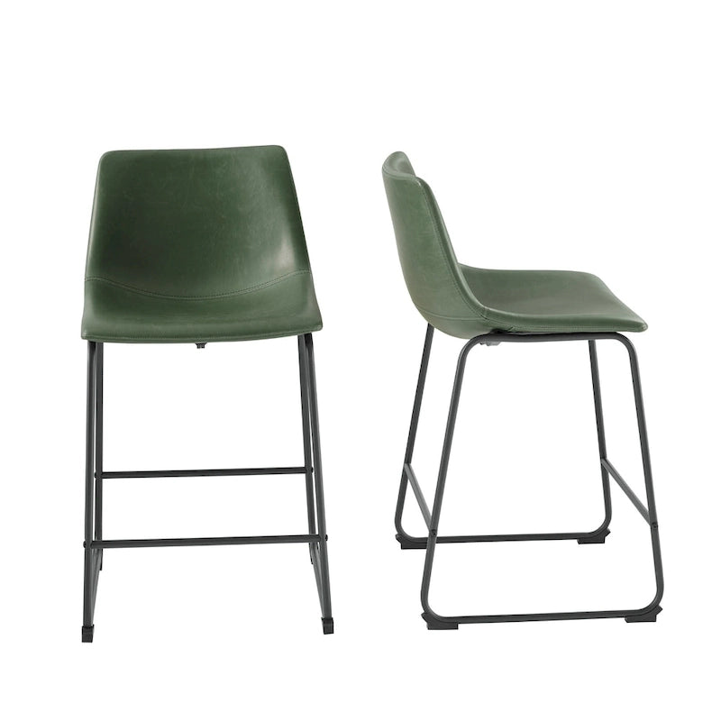 Lot de 2 tabourets de comptoir 66 cm, assise baquet en similicuir, pieds luge en acier thermolaqué, repose-pieds, 136 kg, bleu marine, gris, vert, noir, marron
