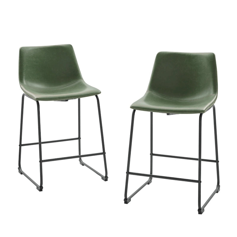 Lot de 2 tabourets de comptoir 66 cm, assise baquet en similicuir, pieds luge en acier thermolaqué, repose-pieds, 136 kg, bleu marine, gris, vert, noir, marron