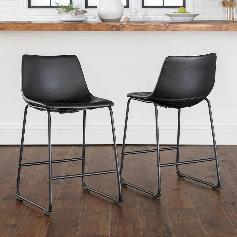 Lot de 2 tabourets de comptoir 66 cm, assise baquet en similicuir, pieds luge en acier thermolaqué, repose-pieds, 136 kg, bleu marine, gris, vert, noir, marron