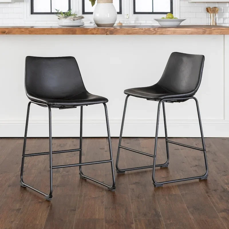 Lot de 2 tabourets de comptoir 66 cm, assise baquet en similicuir, pieds luge en acier thermolaqué, repose-pieds, 136 kg, bleu marine, gris, vert, noir, marron