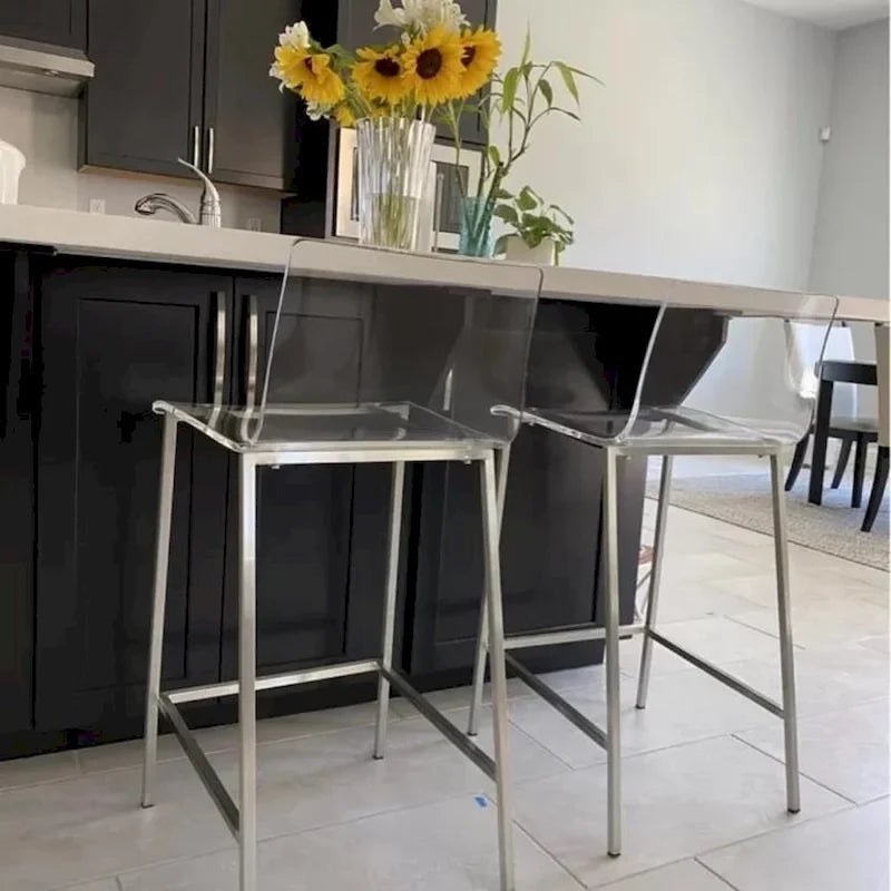 Tabourets de comptoir en acrylique transparent (lot de 2), assise en lucite transparente, pieds en métal, style moderne, chrome/doré