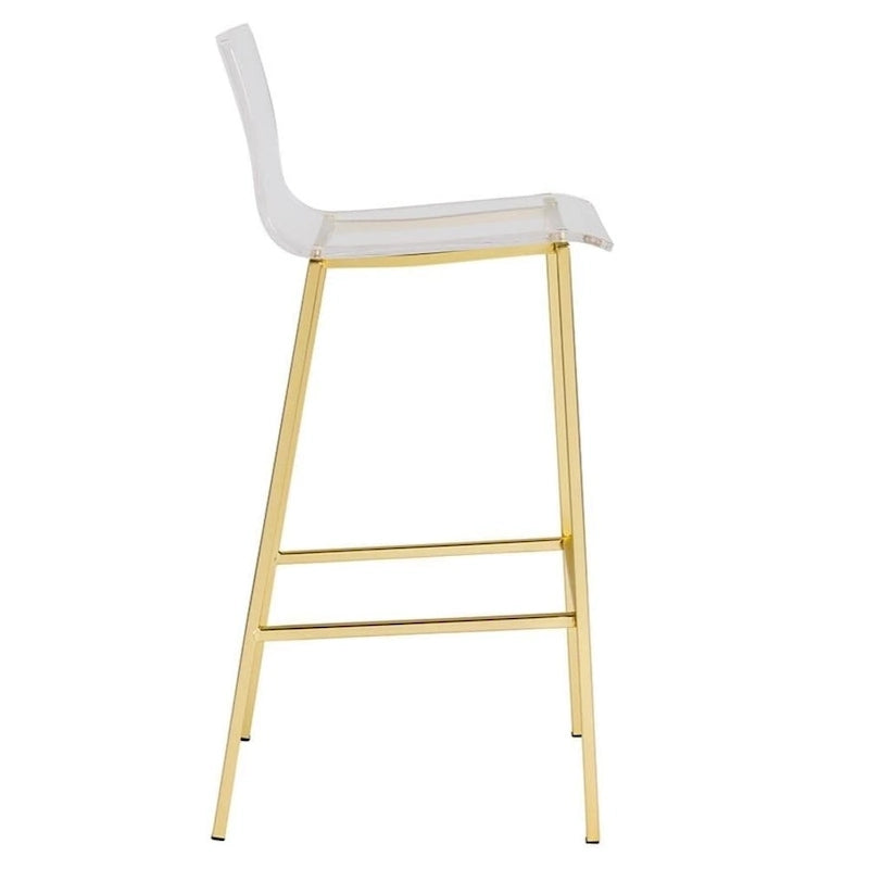 Tabourets de comptoir en acrylique transparent (lot de 2), assise en lucite transparente, pieds en métal, style moderne, chrome/doré