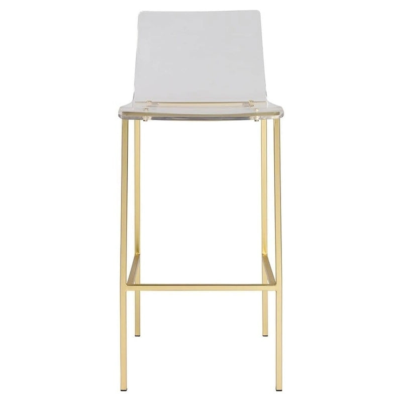 Tabourets de comptoir en acrylique transparent (lot de 2), assise en lucite transparente, pieds en métal, style moderne, chrome/doré