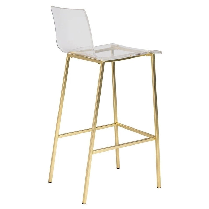 Tabourets de comptoir en acrylique transparent (lot de 2), assise en lucite transparente, pieds en métal, style moderne, chrome/doré