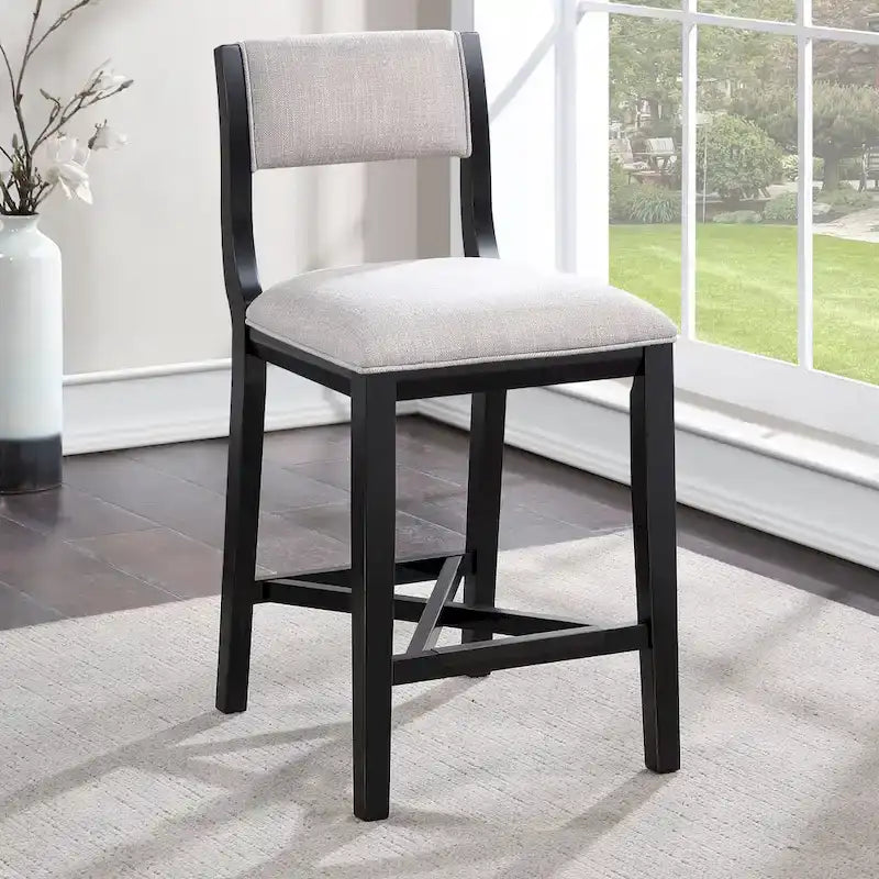 Tabouret de comptoir, bois massif, assise en polyester gris, finition ébène, dossier ouvert, hauteur d'assise 26", 250 lb