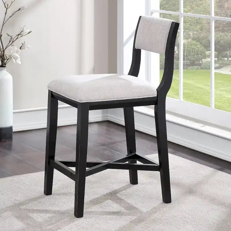 Tabouret de comptoir, bois massif, assise en polyester gris, finition ébène, dossier ouvert, hauteur d'assise 26", 250 lb