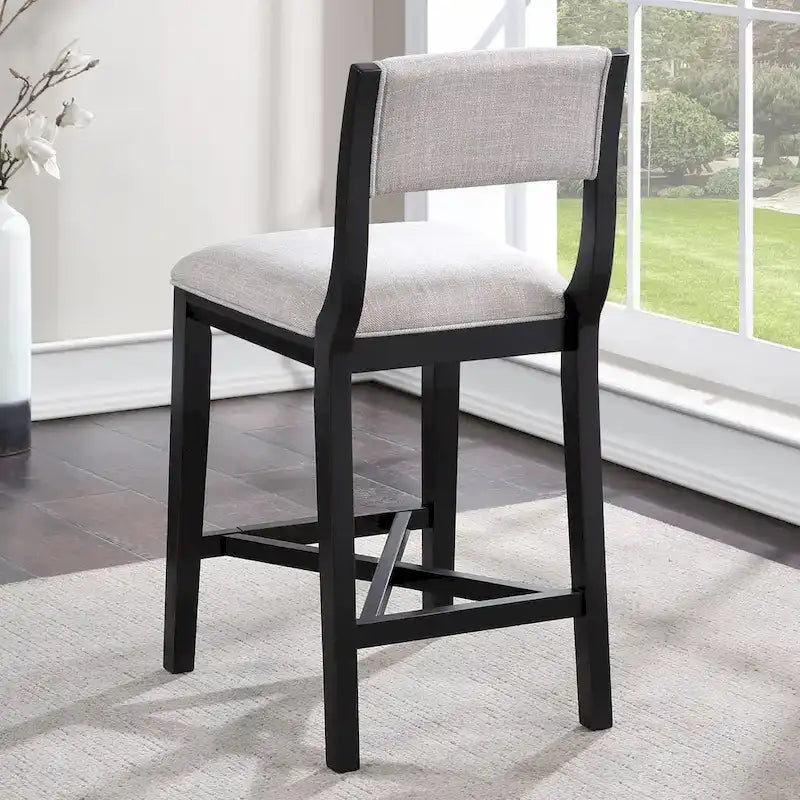 Tabouret de comptoir, bois massif, assise en polyester gris, finition ébène, dossier ouvert, hauteur d'assise 26", 250 lb