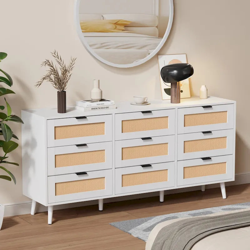 Commode à 9 tiroirs avec façades en rotin, bois composite, anti-basculement, 160 cm de long, naturel/blanc, rangement de chambre à coucher