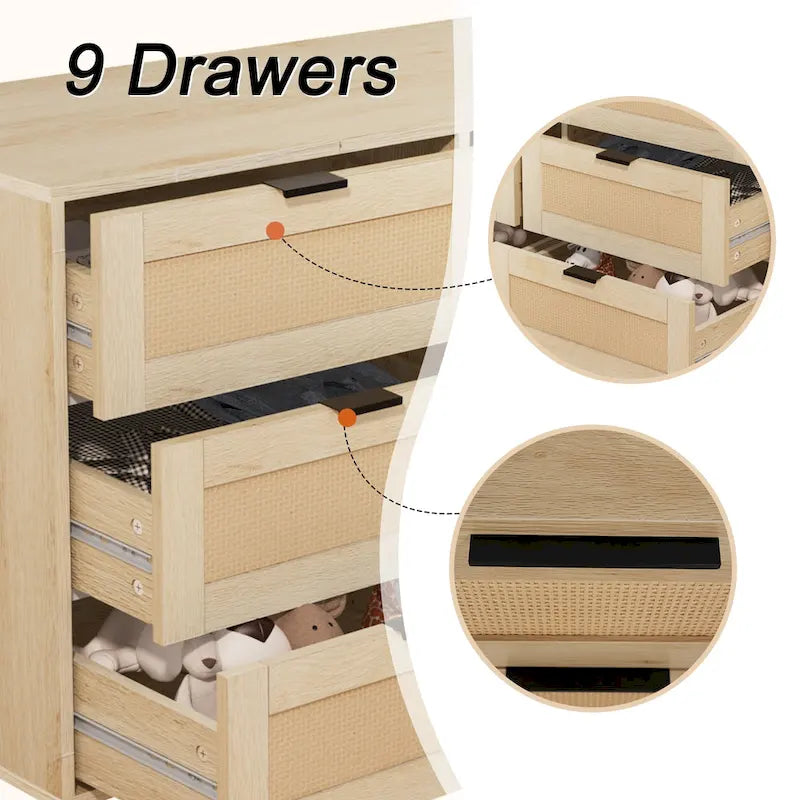 Commode à 9 tiroirs avec façades en rotin, bois composite, anti-basculement, 160 cm de long, naturel/blanc, rangement de chambre à coucher