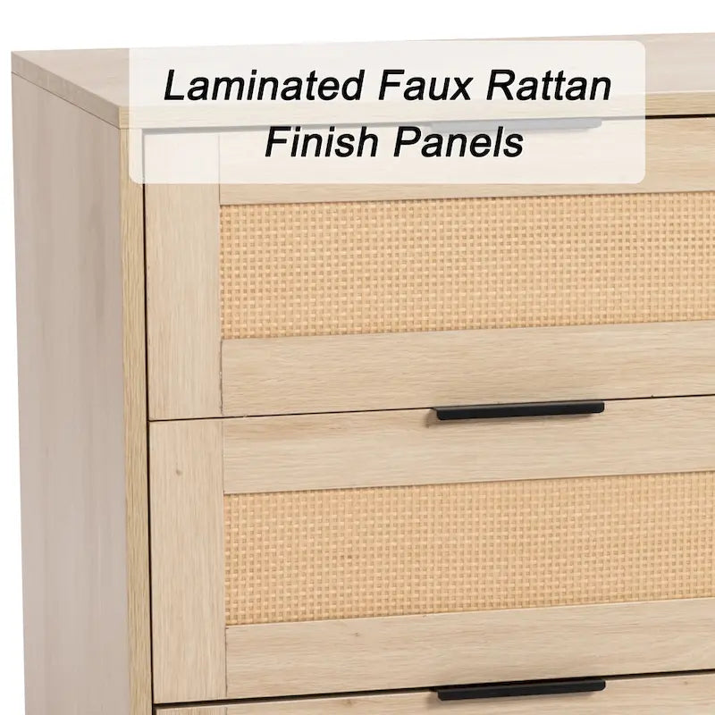 Commode à 9 tiroirs avec façades en rotin, bois composite, anti-basculement, 160 cm de long, naturel/blanc, rangement de chambre à coucher