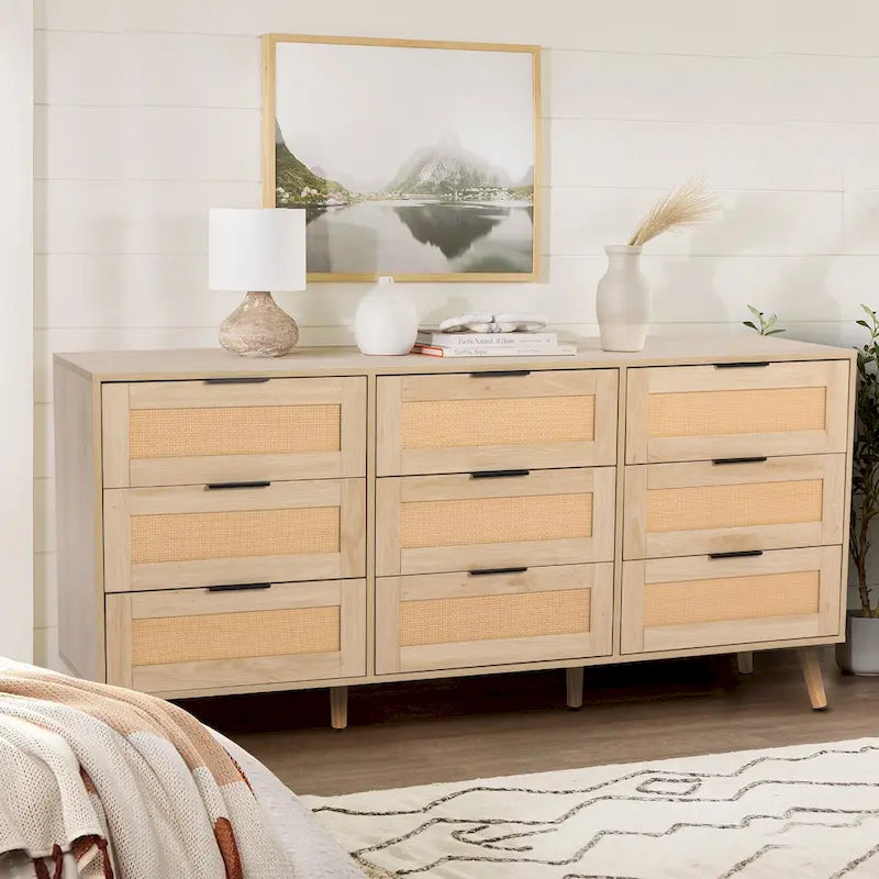 Commode à 9 tiroirs avec façades en rotin, bois composite, anti-basculement, 160 cm de long, naturel/blanc, rangement de chambre à coucher