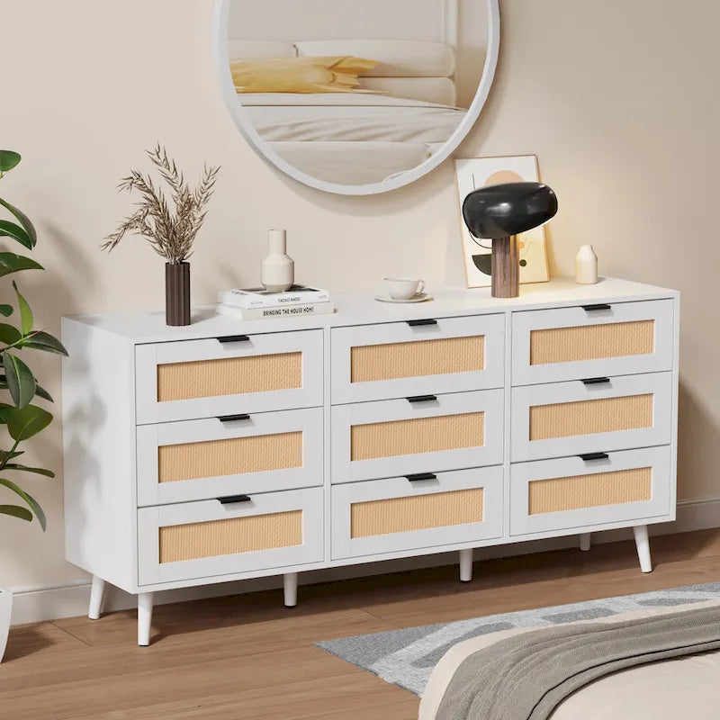 Commode à 9 tiroirs avec façades en rotin, bois composite, anti-basculement, 160 cm de long, naturel/blanc, rangement de chambre à coucher