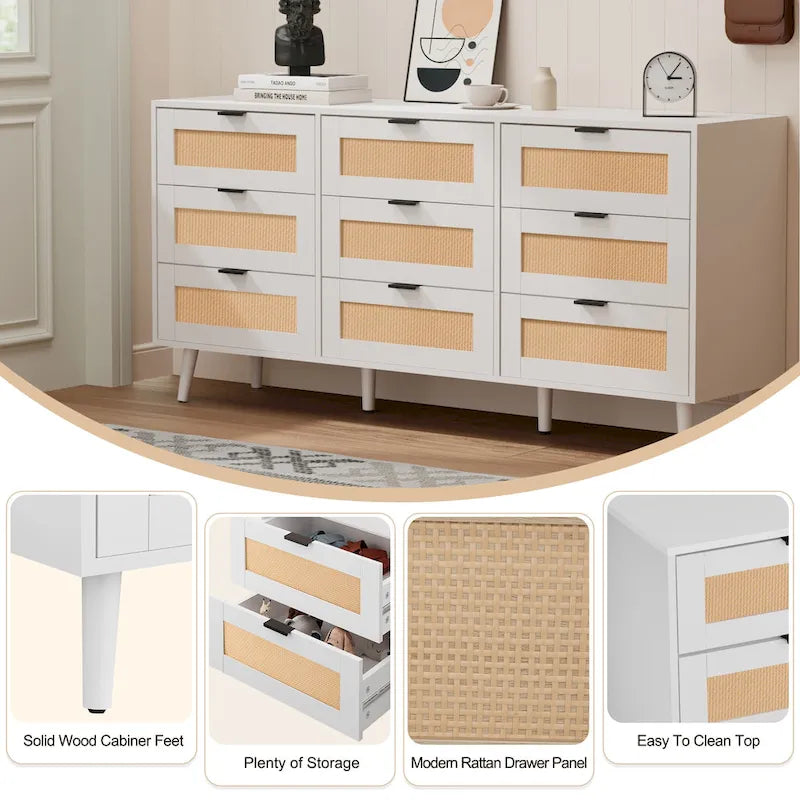 Commode à 9 tiroirs avec façades en rotin, bois composite, anti-basculement, 160 cm de long, naturel/blanc, rangement de chambre à coucher